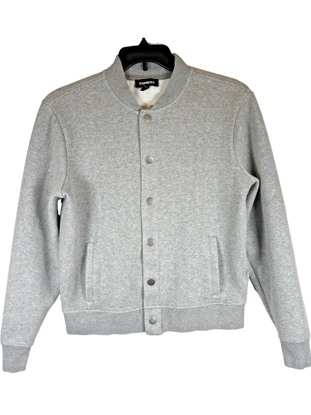 Express Bomber Sweatshirt Jacket Men’s S Gray Textured Knit Varsity Quiet Luxury